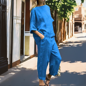 Women's Solid Blue <b>Linen</b> Cotton 2-Piece <b>Set</b> Button Loose O-Neck Top High-Waisted Pants Casual Spring Summer Anti-Pilling Outfit - Product Image 2