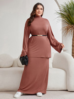 Ensemble deux pièces tunique et jupe maxi côtelée à col haut pour femmes musulmanes Modeste Chic