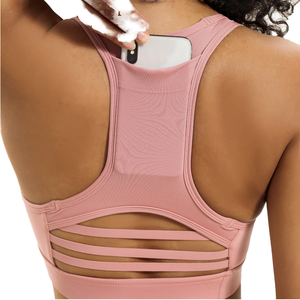 Pink Sports Bra With Back Phone Pocket <b>Strappy</b> Design Medium Support Workout <b>Top</b> - Product Image 3