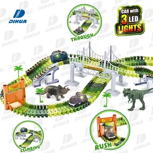DIY Create A Road 173PCS Dinosaur Adventure Track Car Toys Flexible Track Play Set Dinosaur Race Car With 3 LED Lights