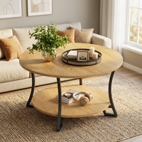 Table basse ronde à 2 niveaux avec plateau en bois et structure en métal, table basse moderne industrielle pour salon