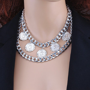 European American <b>Cross</b> Border Jewelry Retro Geometric Chunky <b>Chain</b> Multi Layer Necklace For Women Gold Silver Zinc Alloy Party - Product Image 2