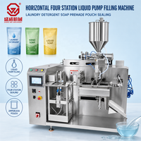 Machine de remplissage et de scellage horizontale à quatre postes pour sachets préformés de liquides (détergent lessive, savon), 50ml-1000ml, avec fonction d'emballage
