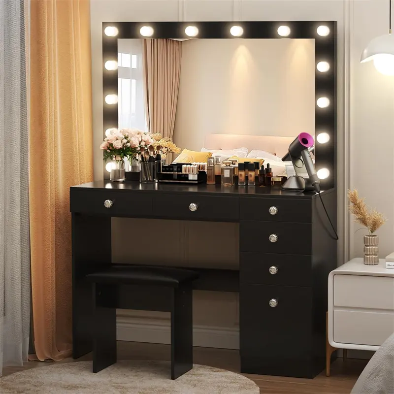 Dressing table with LED illuminated mirror and power socket  makeup vanity set with large drawers