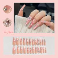 Uñas Postizas Largas en Forma de Ataúd con Pedrería Rosa Estrella, Personalizadas al por Mayor, con Logotipo OEM, Empaque de 24 Piezas, Reutilizables