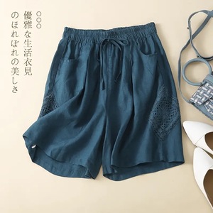 Women's Cotton Linen Shorts With Lace <b>Patchwork</b> Mid Waist Casual Breathable Loose Fit Summer Pants - Product Image 4