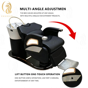 Chuque Fauteuil <span class=keywords><strong>de</strong></span> <span class=keywords><strong>coiffure</strong></span> moderne <span class=keywords><strong>de</strong></span> luxe en cuir, structure en acier inoxydable, résistant à l'eau, repose-pieds réglable en céramique, plateau multifonctionnel - Product Image 5
