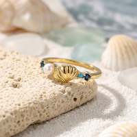 Bague ZG en laiton plaqué or avec perle coquillage mignonne, accent nano saphir et turquoise, pour usage quotidien, thème océan