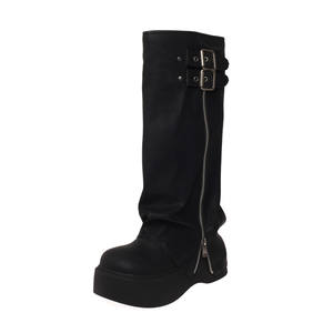 Botas de Mujer con Cierre Lateral y Clip Metálico en el Tobillo, Estilo Otoño 2024, Punta Redonda, de Piel, Impermeables, Tacón Plano - Product Image 1