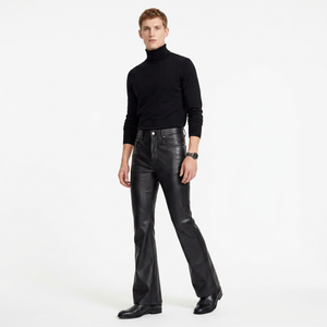 <b>Men's</b> High Waist Black Leather <b>Flare</b> Pants With Side Pockets Button Fly Smart Casual Winter Wear - Product Image 1