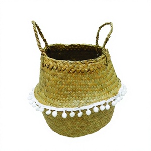 Natural Palm Leaf Eco-Friendly Durable <b>Storage</b> <b>Basket</b> Circle Shape with Handles Rustic Style <b>White</b> Pom Pom Trim Home Decoration - Product Image 1