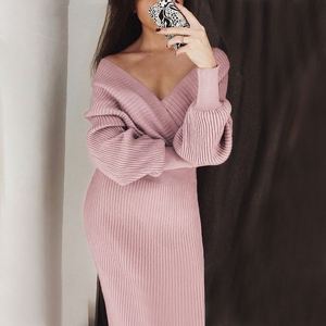 Robe en tricot sexy à col en V K806 pour femmes, robe pull à manches chauve-souris en deux pièces, robe élégante pour femmes, robe moulante mi-longue - Product Image 3