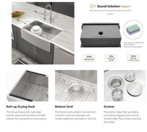 <span class=keywords><strong>Évier</strong></span> de <span class=keywords><strong>cuisine</strong></span> encastré de style ferme en acier inoxydable 304, avec design frontal type tablier, drainage rapide en X et grande capacité - Product Image 2