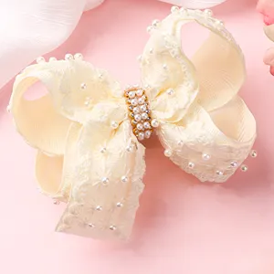 CN New Style Boutique Grosgrain Ribbon Hair Bow Flower Pearl Hair Clip with Rhinestone Hair Accessories Toddlers