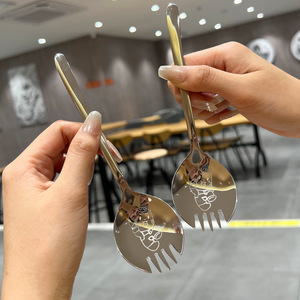 Fourchette et cuillère monobloc en acier inoxydable 304, design de dessin animé Happy Meow pour enfants de 2 à 4 ans, utilisation pour salade et dessert - Product Image 3