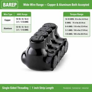 Bloc de distribution multi-prises isolé Barep homologué UL, 4 ports, 14-1/0 AWG AL9CU, entrée unique, 600V pour circuit de branche commercial - Product Image 2