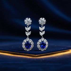 Orecchini Pendenti con Zircone Ovale Blu, Design a Fiore, Montatura a Griffe, Cristalli e Strass, Gioielli Romantici da Festa per Donne - Product Image 2