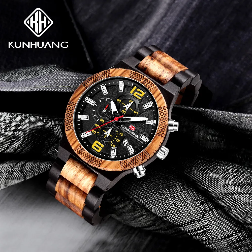 Новые мужские многофункциональные спортивные деревянные часы KUNHUANG W1019, часы с большим циферблатом из сандалового дерева и бамбука