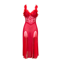 Robe de nuit longue en dentelle transparente pour femme avec bretelles à fleurs 3D, fente et coussinets amovibles