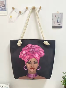 Bolso de compras de lona estampado de gran capacidad para mujer, diseño creativo de playa, bandolera, plegable, con asa de cuerda gruesa - Product Image 4