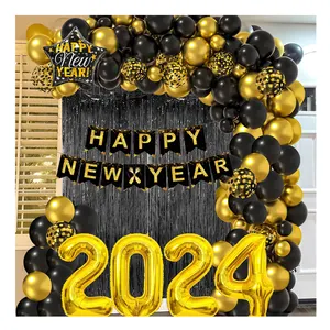 Kit de globos de arco dorado y negro, suministros de decoración para fiestas, Feliz Año Nuevo 2024