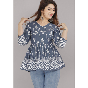 Haut plissé imprimé en coton gris pour femmes et filles, col en V, manches trois-quarts, haut décontracté et élégant - Product Image 1
