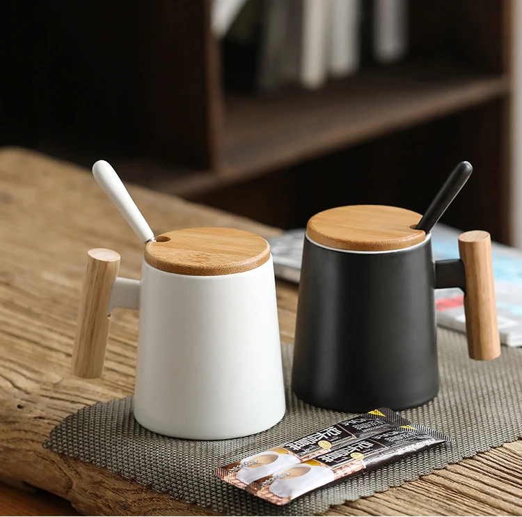 Amazon Gift Box Tote Bag Couple Models Water Cup Wooden Handle Ceramic Cup Pair Coffee Cup Mug With Lid Spoon