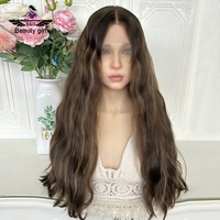 Perruque naturelle en cheveux humains ondulés, brun foncé avec reflets blonds, bords invisibles, sans colle