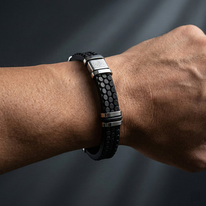 Men's Black Leather <b>Bracelet</b> 22cm Geometric Pattern Stainless Steel Clasp <b>Adjustable</b> Jewelry Gift - Product Image 3