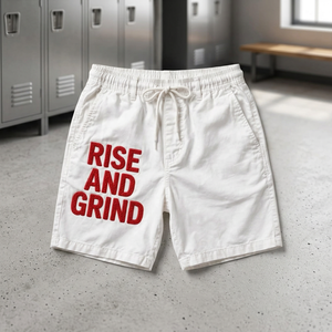 <b>Men's</b> <b>White</b> Embroidered Rise and Grind Breathable Polyester Casual Elastic Waist Drawstring Sporty Summer Beach <b>Shorts</b> - Product Image 1