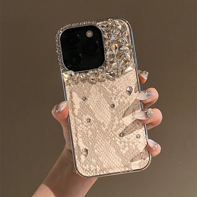 Tschick Suitable for iPhone 15 Pro Max 12 13 14 Pro Rhinestone Premium Snake Skin Pattern Electroplated Edge Shell