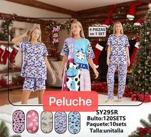 Pigiama da donna a maniche corte in cotone e fibra di bambù, stampato con motivo a cartoni animati, estivo, casual, 2 pezzi. - Product Image 3