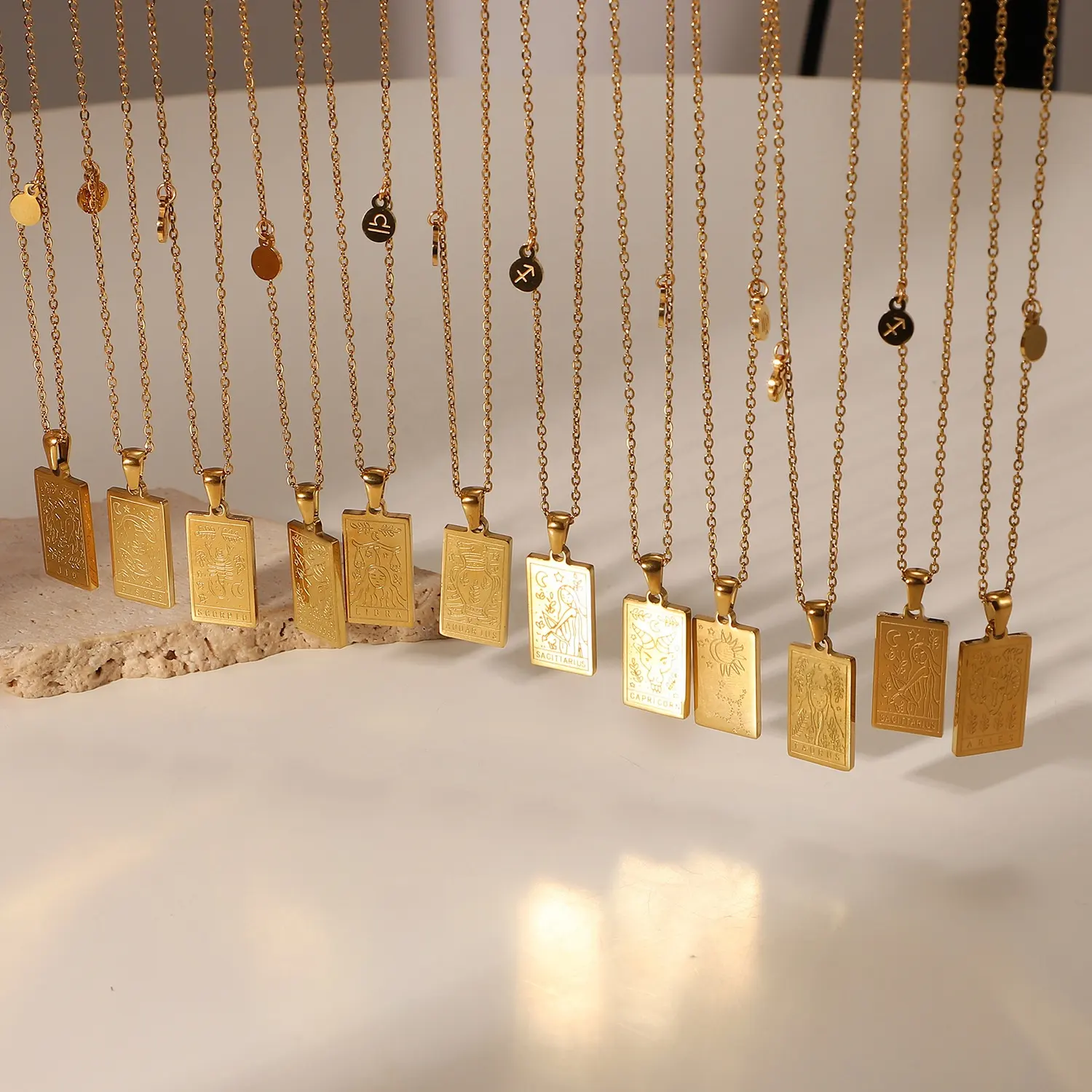 Vintage 12 Horoscope Female Jewelry Sets Square Pendant Gold Plated Necklaces Women Tarot Zodiac Sign Stainless Steel Chain Men