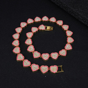 Nouveau Collier Chaîne Maille Cubaine Cœur d'Amour en Alliage Plaqué Or et Argent avec Strass et Émail, Largeur 15mm, Style Hip Hop <span class=keywords><strong>Rap</strong></span> - Product Image 1
