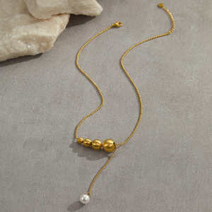 Collier européen et américain avec perles œil-de-chat brossées, chaîne de clavicule en acier inoxydable tendance plaquée or 18 carats - Product Image 5