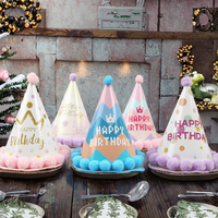 Nouveaux articles de décoration de fête écologiques, chapeau en papier pour anniversaire d'enfant, bandeau, chapeau de fête pour un an, pompon en fourrure