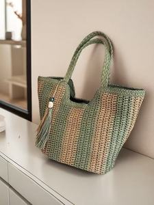 Sac fourre-tout tissé deux tons fait à la main avec poignée supérieure grande capacité de glands - Product Image 6