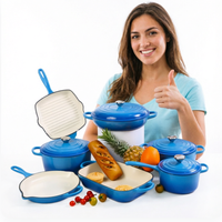 Ensemble de 7 pièces de batterie de cuisine en fonte émaillée de haute qualité, pré-assaisonné, compatible four, gaz et induction, comprenant faitouts et poêles
