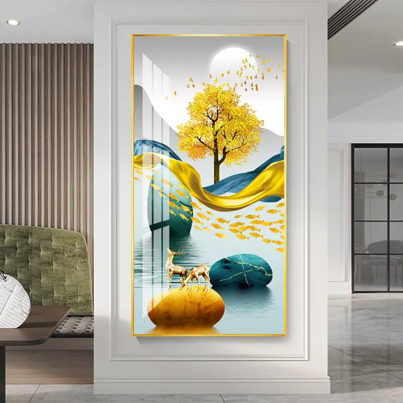 Custom Abstract Wall Painting Golden Tree Crystal Porcelain Painting For Living Room Wall Painting Living Room Decor Art