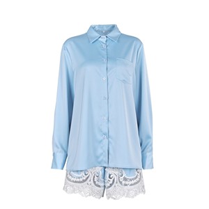 Conjunto de Pijama de Satén Azul Claro para Mujer, Primavera, Verano y Otoño, Camisa de Manga Larga con Botones, Pantalones Cortos con Ribete de Encaje, Ropa de Estar por Casa - Product Image 6