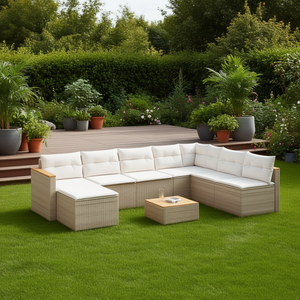 Ensemble de canapés de jardin en rotin beige, coussins en mousse haute densité, mobilier d'extérieur, design contemporain, durable, résistant aux UV, PE - Product Image 2