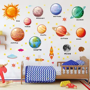 Adesivo de parede autoadesivo à prova d'água para quarto infantil, adesivo com tema de planetas e espaços, foguete de astronauta de nove planetas, OVNI, meteorito espacial