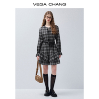 Robe midi décontractée VEGA CHANG pour femme, à carreaux noirs et blancs, manches longues, détail cravate au col, taille élastique, ourlet à volants étagés, vente en gros