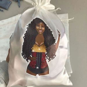 Custom Logo Satin Drawstring <b>Bags</b> with Black Rope Handle for Hair Extensions and Wigs Bundles Stylish Shopping Packaging - Product Image 5