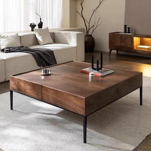 <b>Walnut</b> Wood Coffee <b>Table</b> With Storage Modern Minimalist Living Room Furniture Square Design For Home Use - Product Image 2