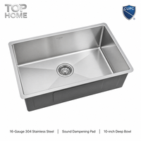 Évier de cuisine encastré simple en acier inoxydable 304 fait main, épaisseur 16 gauge, surface brossée moderne, garantie 5 ans, sans robinet