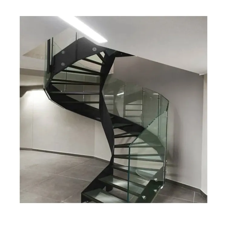 Moderne benutzerdefinierte kohlenstoffstahl-spiraltreppen gusseisen luxus-villa metall kurve-treppe mit holzstufen