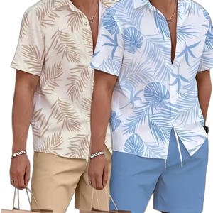 Best Selling <b>Men</b> Summer <b>Beach</b> Outfit Solid Breathable 100% Polyester <b>Shirt</b> and Casual Shorts Set - Product Image 2
