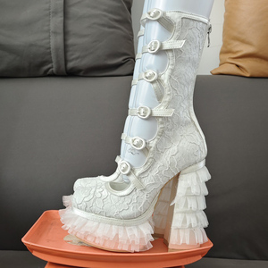 Women White Lace Wedding Party Sandals Belt Buckles Mid Half <b>Boots</b> Thick <b>Platform</b> Flouncing Big Size 47 Summer Calf Booties - Product Image 6