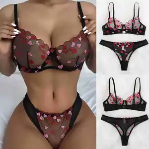 Lencería sexy para mujer, sujetador bordado en forma de corazón y conjuntos breves, ropa interior sexy para mujer, lencería erótica transparente